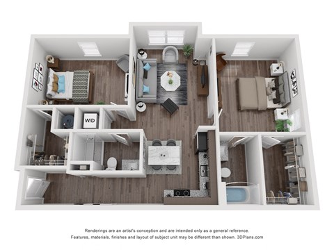Floor plan for 2 beds, 2 baths, 971 sqft